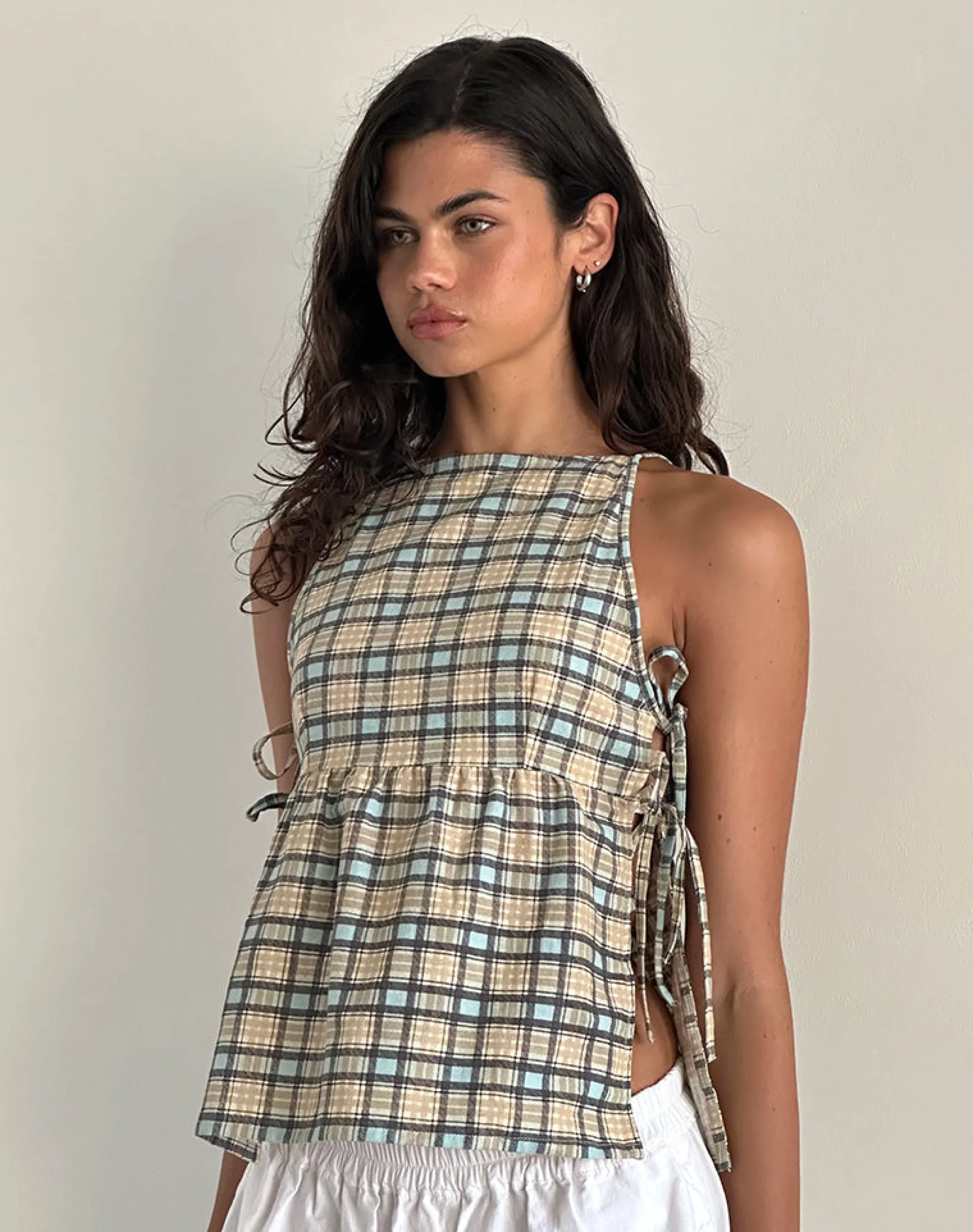 Motel Rocks Basic Tops | Vest Tops-Palsi Loose Sleeveless Top in Pastel Blue Tartan pastelbluetartan