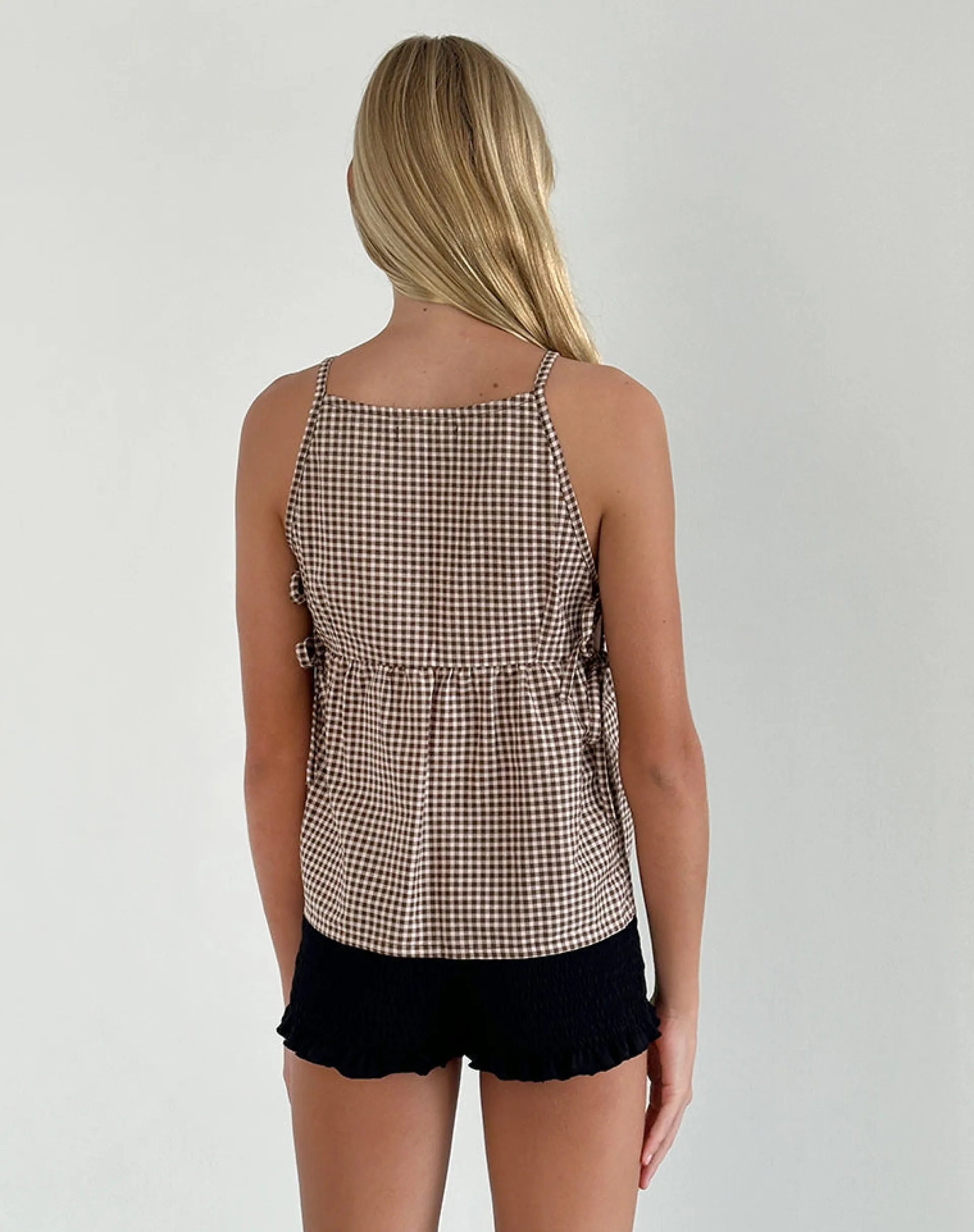 Motel Rocks Printed Tops-Palsi Tie Side Sleeveless Top in Brown Mini Gingham BrownMiniGingham