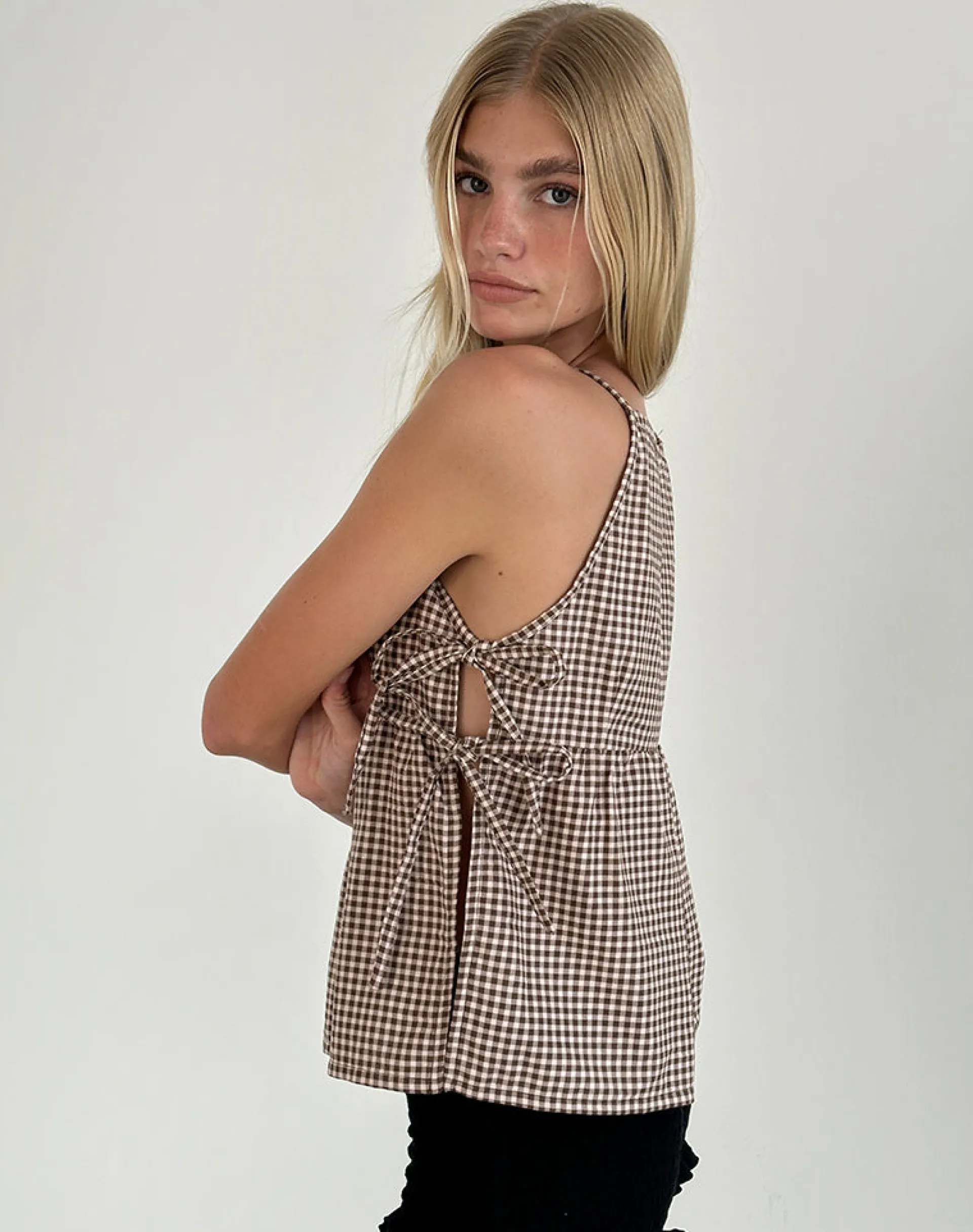 Motel Rocks Printed Tops-Palsi Tie Side Sleeveless Top in Brown Mini Gingham BrownMiniGingham