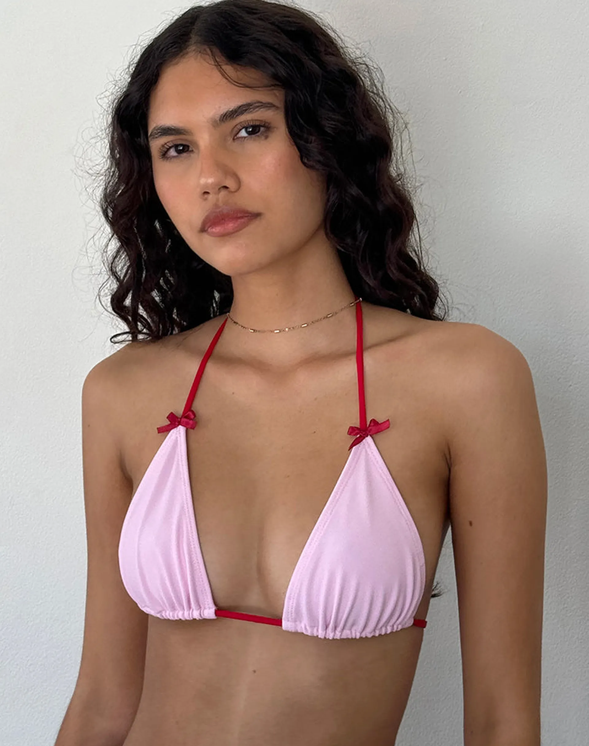 Motel Rocks Swimwear-Pami Bikini Top in Sakura Shimmer with Red Strap and Bow SakuraShimmerwithRedStrapandBow