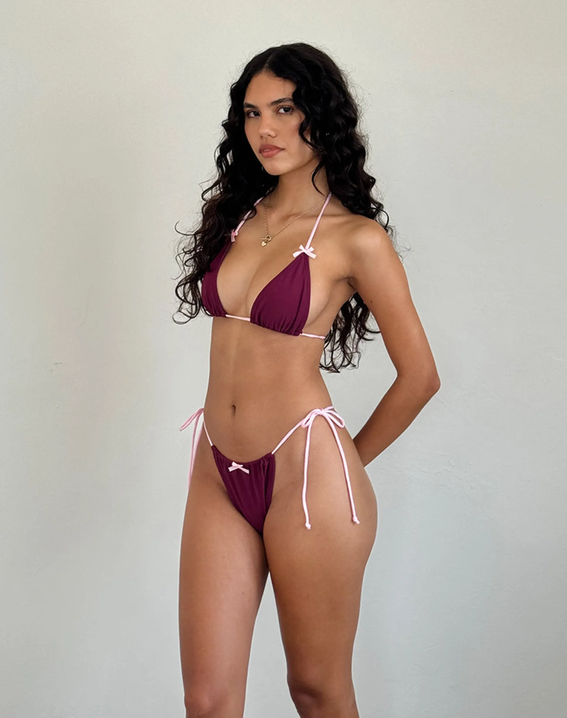 Motel Rocks Swimwear-Pami Bikini Top in Wine Shimmer with Sakura Strap and Bow WineShimmerwithSakuraStrapandBow