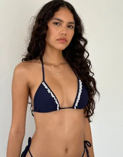 Motel Rocks Swimwear-Pami Broderie Trim Bikini Top in Midnight Blue midnightblue