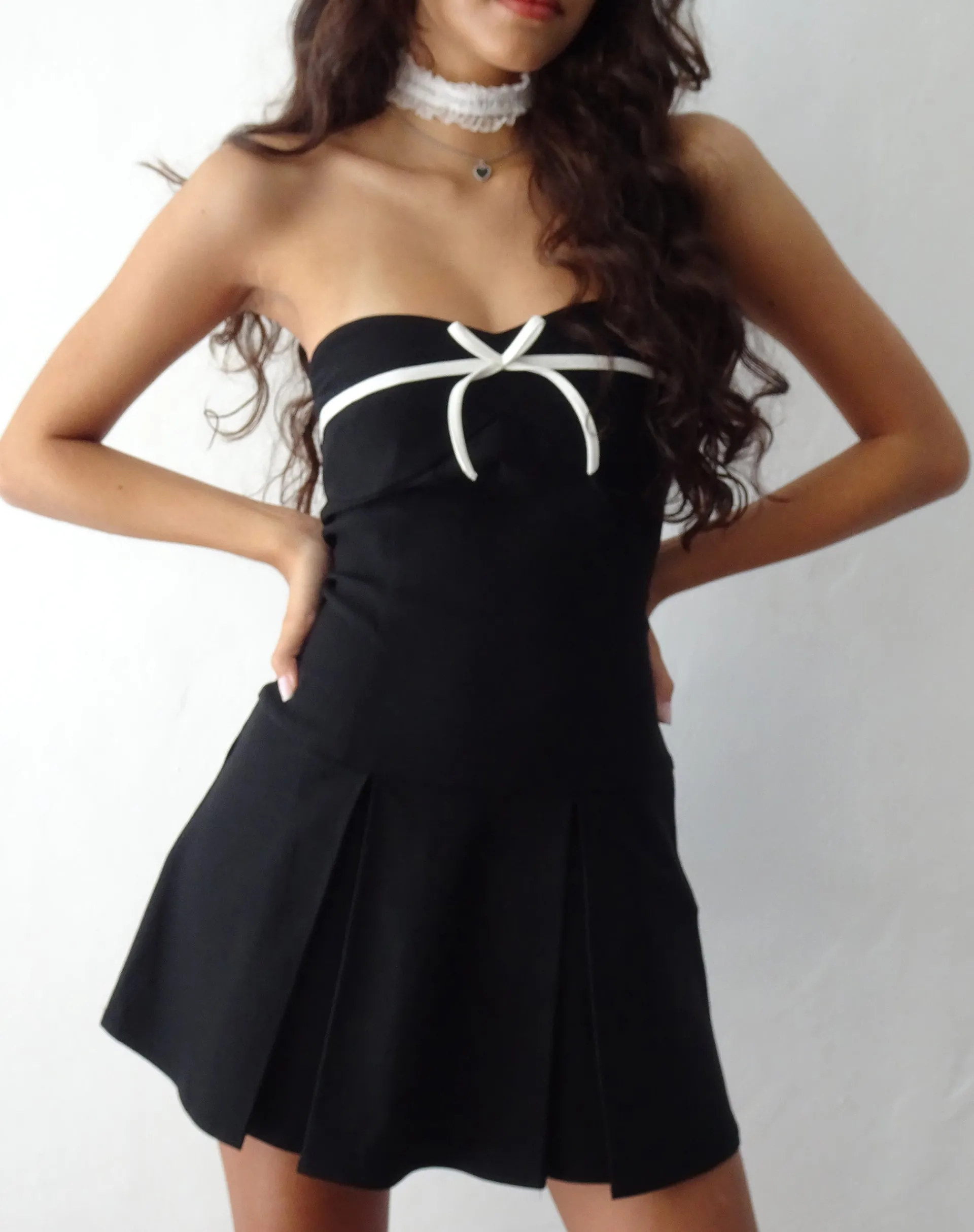 Motel Rocks Bandeau Dresses | Day Dresses-Panolia Bow Front Mini Dress in Tailoring Black