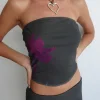 Motel Rocks Bandeau Tops | Printed Tops-Peggy Bandeau Top in Green with Purple Flower Print greenwithpurpleflowerprint