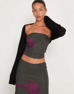 Motel Rocks Bandeau Tops | Printed Tops-Peggy Bandeau Top in Green with Purple Flower Print greenwithpurpleflowerprint