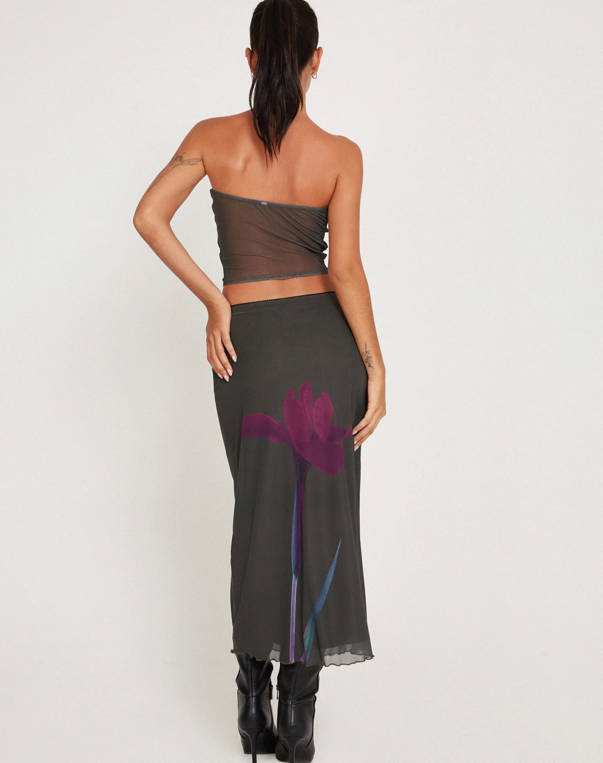 Motel Rocks Bandeau Tops | Printed Tops-Peggy Bandeau Top in Green with Purple Flower Print greenwithpurpleflowerprint