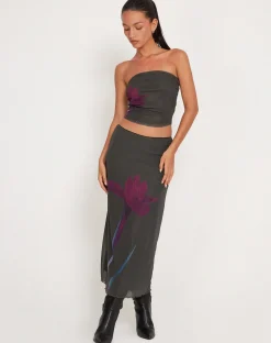 Motel Rocks Bandeau Tops | Printed Tops-Peggy Bandeau Top in Green with Purple Flower Print greenwithpurpleflowerprint