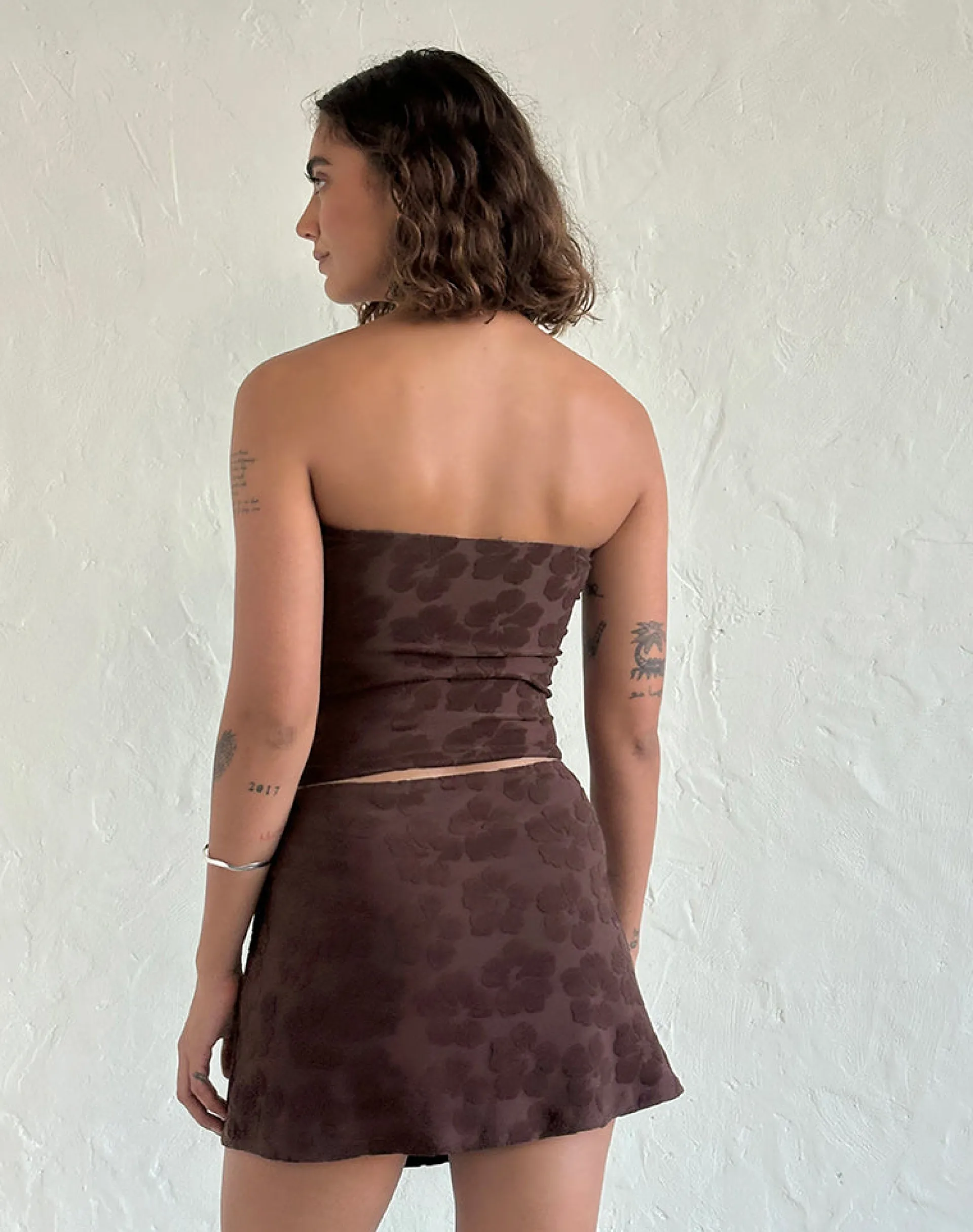 Motel Rocks Co-Ords | Basic Tops-Peggy Bandeau Top in Hibiscus Terry Brown HibiscusTerryBrown