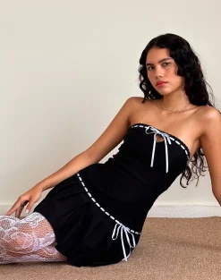 Motel Rocks Bandeau Dresses | Day Dresses-Petula Mini Dress in Black with Blue Contrast Ribbon