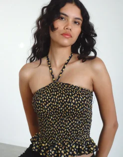 Motel Rocks Halterneck Tops | Printed Tops-Phobe Shirred Halterneck Top in Ditsy Floral Bronze DitsyFloralBronze