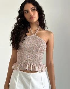 Motel Rocks Halterneck Tops | Printed Tops-Phobe Shirred Halterneck Top in 70s Prairie Girl Floral 70sPrairieGirlFloral