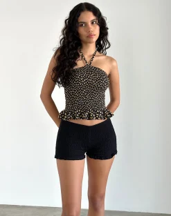 Motel Rocks Halterneck Tops | Printed Tops-Phobe Shirred Halterneck Top in Ditsy Floral Bronze DitsyFloralBronze