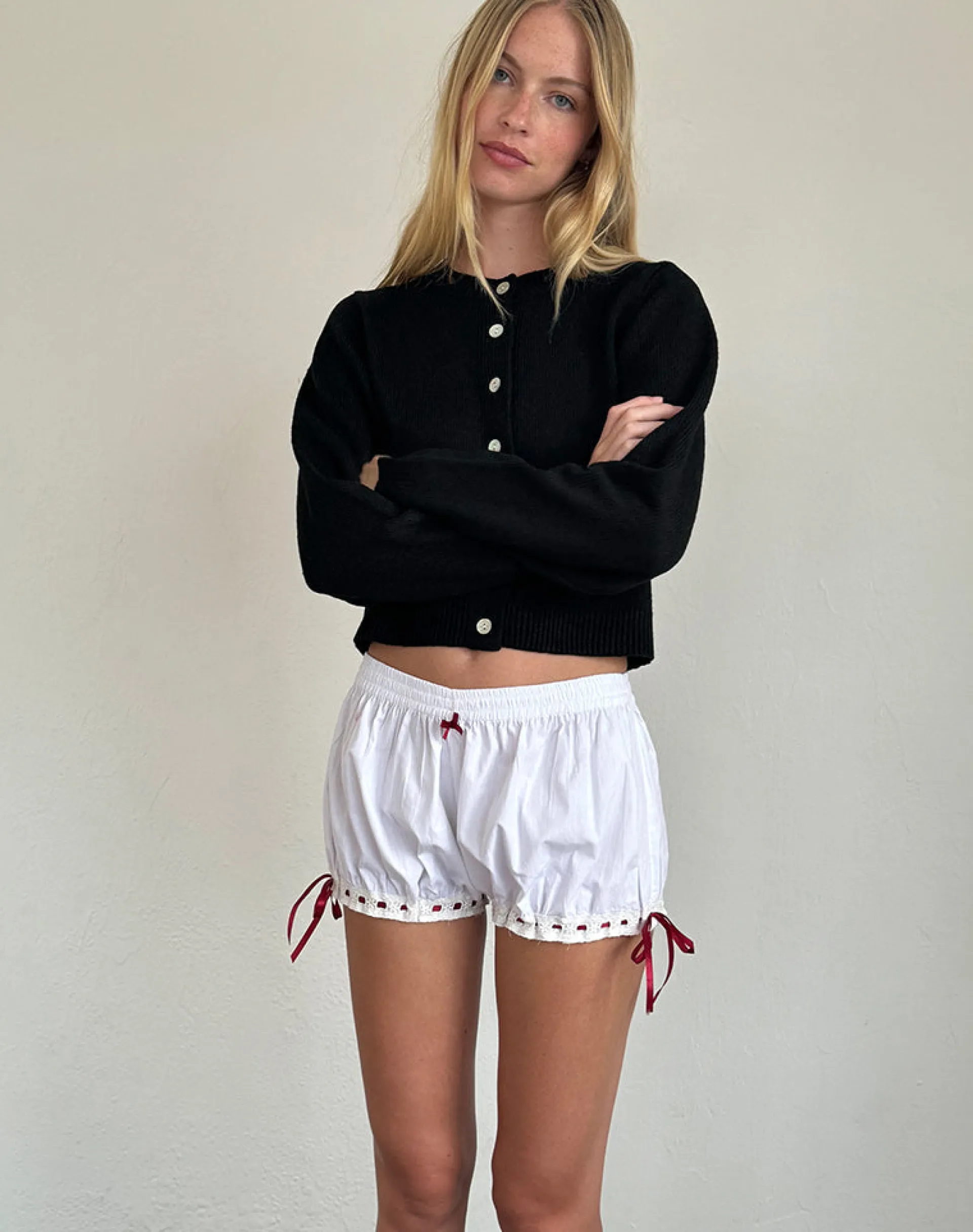 Motel Rocks Basics | Co-Ords-Picuta Brief Shorts in White with Red Trim