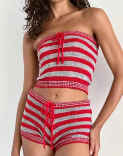 Motel Rocks Co-Ords | Printed Tops-Pihla Tube Top in Red and Grey Stripe