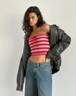 Motel Rocks Co-Ords | Printed Tops-Pihla Tube Top in Red and Grey Stripe