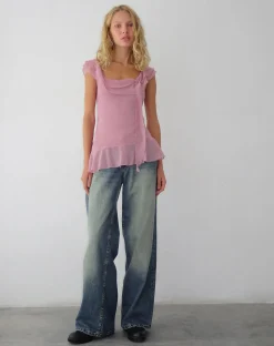Motel Rocks Going Out Tops-Piro Ruffle Longline Top in Light Plum lightplum