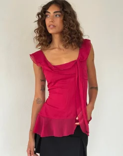 Motel Rocks Going Out Tops-Piro Ruffle Longline Top in Burgundy