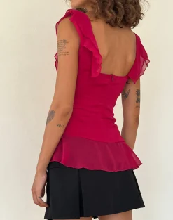 Motel Rocks Going Out Tops-Piro Ruffle Longline Top in Burgundy