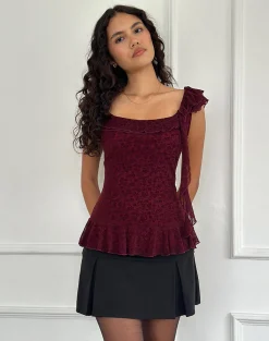 Motel Rocks Shirts And Blouses | Printed Tops-Piroli Top in Ditsy Floral Flock Burnt Maroon