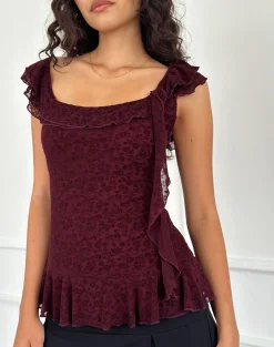Motel Rocks Shirts And Blouses | Printed Tops-Piroli Top in Ditsy Floral Flock Burnt Maroon