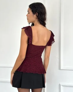 Motel Rocks Shirts And Blouses | Printed Tops-Piroli Top in Ditsy Floral Flock Burnt Maroon