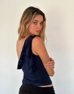 Motel Rocks Long Sleeve Tops-Polly Asymmetric Frill Top in Navy