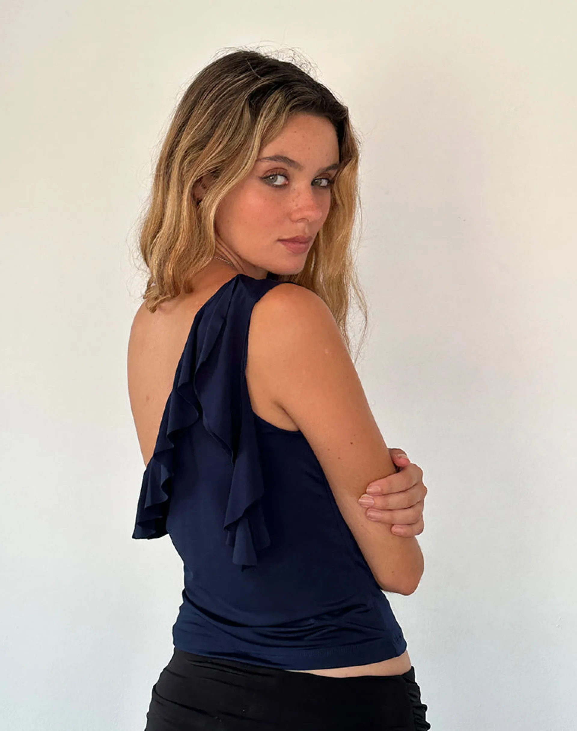 Motel Rocks Long Sleeve Tops-Polly Asymmetric Frill Top in Navy