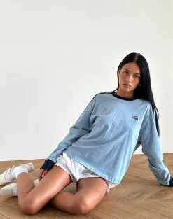 Motel Rocks Basic Tops | Long Sleeve Tops-Prata Long Sleeve Top in Nantucket Blue with Navy Binding NantucketBluewithNavyBinding