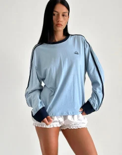Motel Rocks Basic Tops | Long Sleeve Tops-Prata Long Sleeve Top in Nantucket Blue with Navy Binding NantucketBluewithNavyBinding
