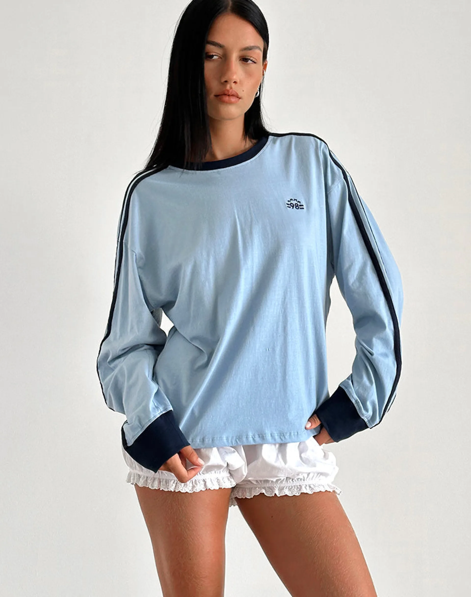 Motel Rocks Basic Tops | Long Sleeve Tops-Prata Long Sleeve Top in Nantucket Blue with Navy Binding NantucketBluewithNavyBinding