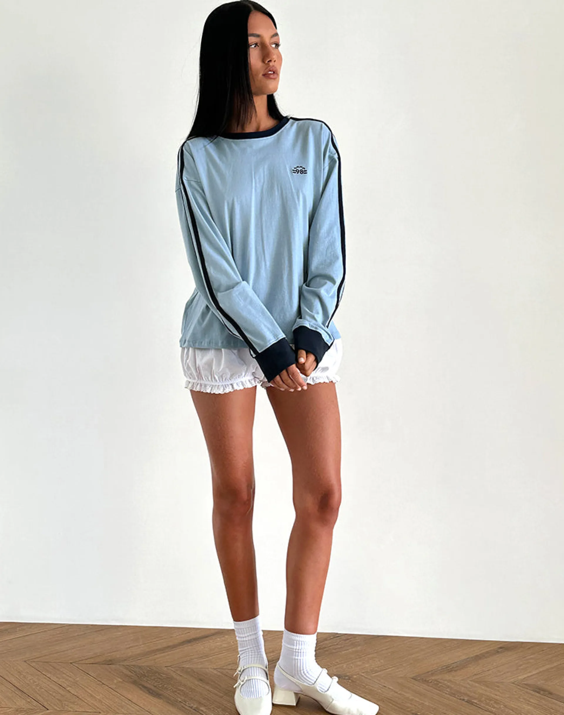 Motel Rocks Basic Tops | Long Sleeve Tops-Prata Long Sleeve Top in Nantucket Blue with Navy Binding NantucketBluewithNavyBinding