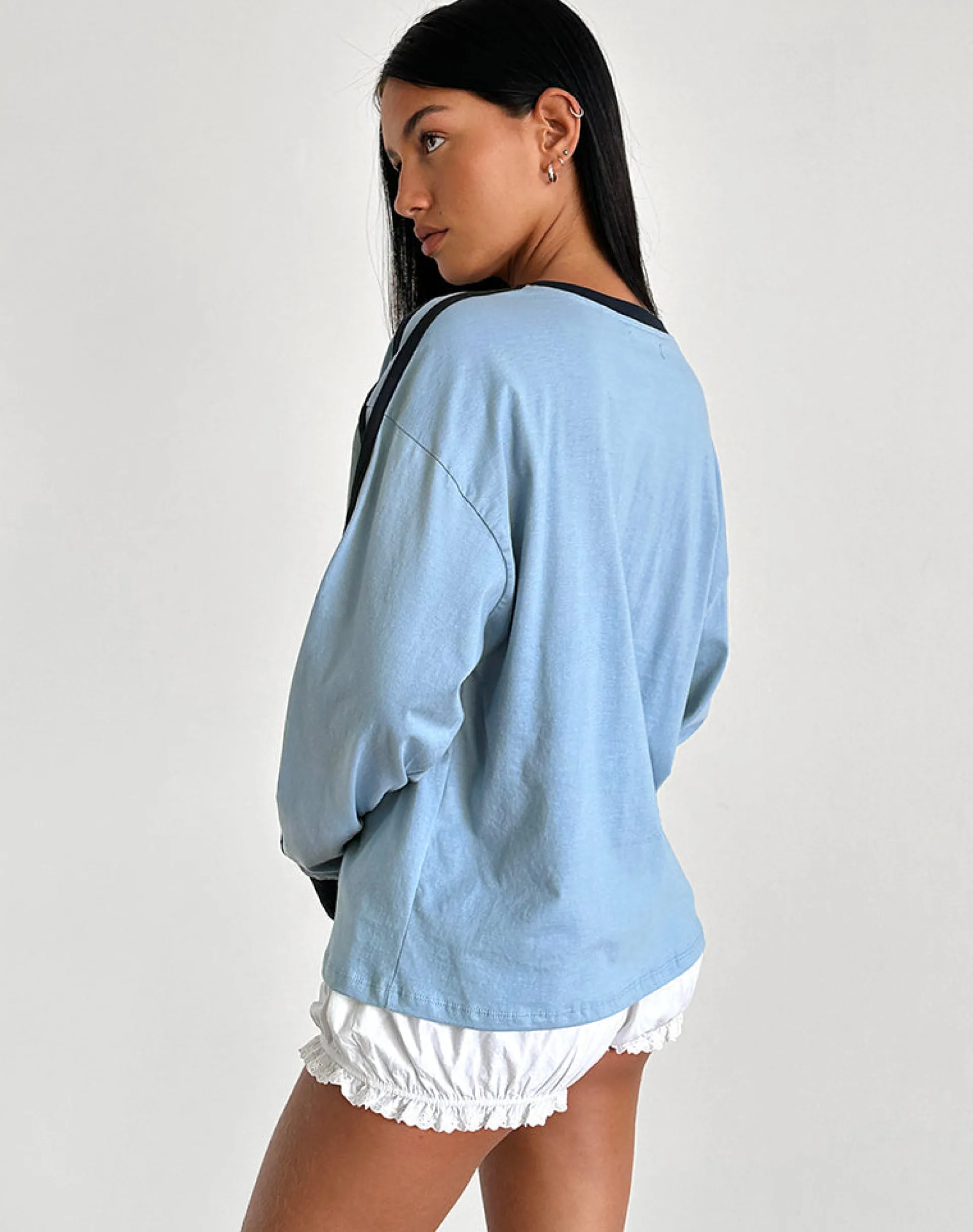 Motel Rocks Basic Tops | Long Sleeve Tops-Prata Long Sleeve Top in Nantucket Blue with Navy Binding NantucketBluewithNavyBinding