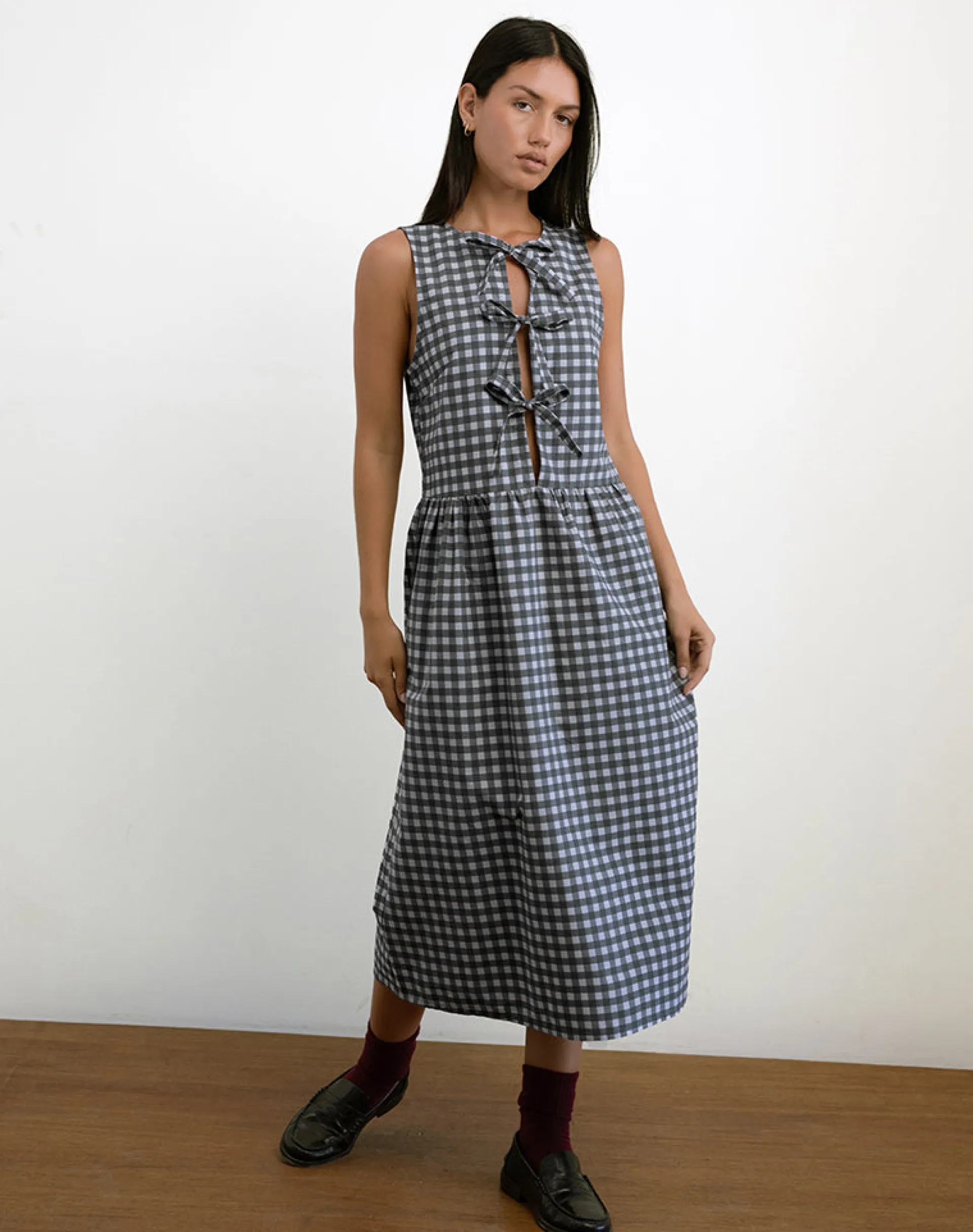 Motel Rocks Day Dresses | Midi Dresses-Prelith Midi Dress in Black Grey Tonal Gingham