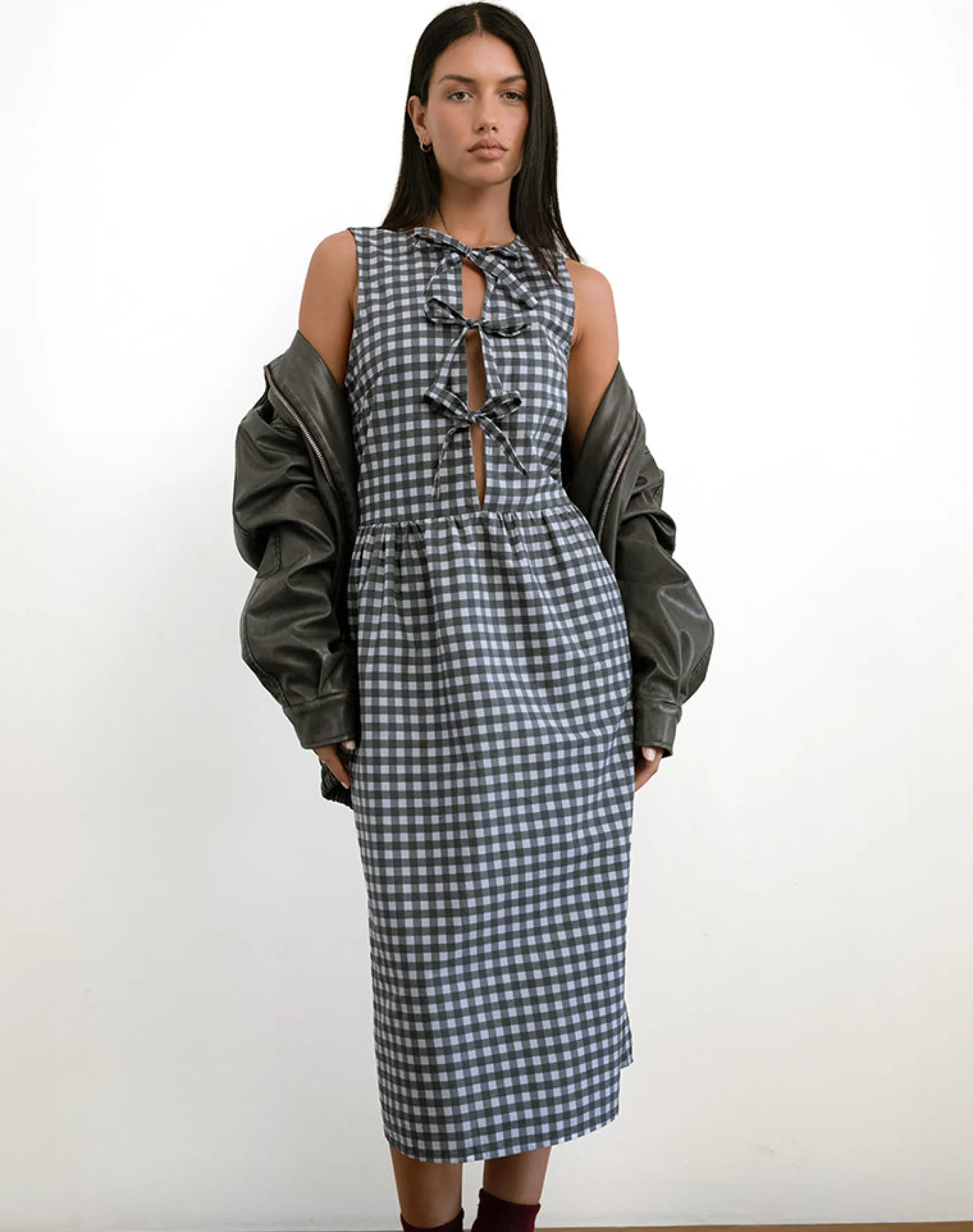 Motel Rocks Day Dresses | Midi Dresses-Prelith Midi Dress in Black Grey Tonal Gingham
