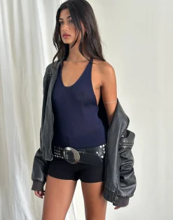 Motel Rocks Halterneck Tops | Going Out Tops-Priscila Halter Top in Sheer Knit Navy SheerKnitNavy