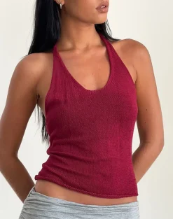 Motel Rocks Halterneck Tops | Going Out Tops-Priscilla Halter Top in Sheer Knit Red SheerKnitRed