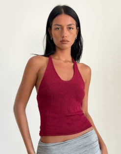 Motel Rocks Halterneck Tops | Going Out Tops-Priscilla Halter Top in Sheer Knit Red SheerKnitRed