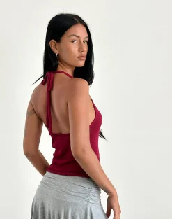 Motel Rocks Halterneck Tops | Going Out Tops-Priscilla Halter Top in Sheer Knit Red SheerKnitRed