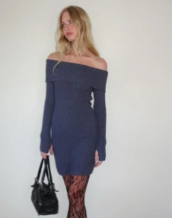 Motel Rocks Day Dresses | Long Sleeve Dresses-Queeva Knitted Bardot Mini Dress in Dark Charcoal