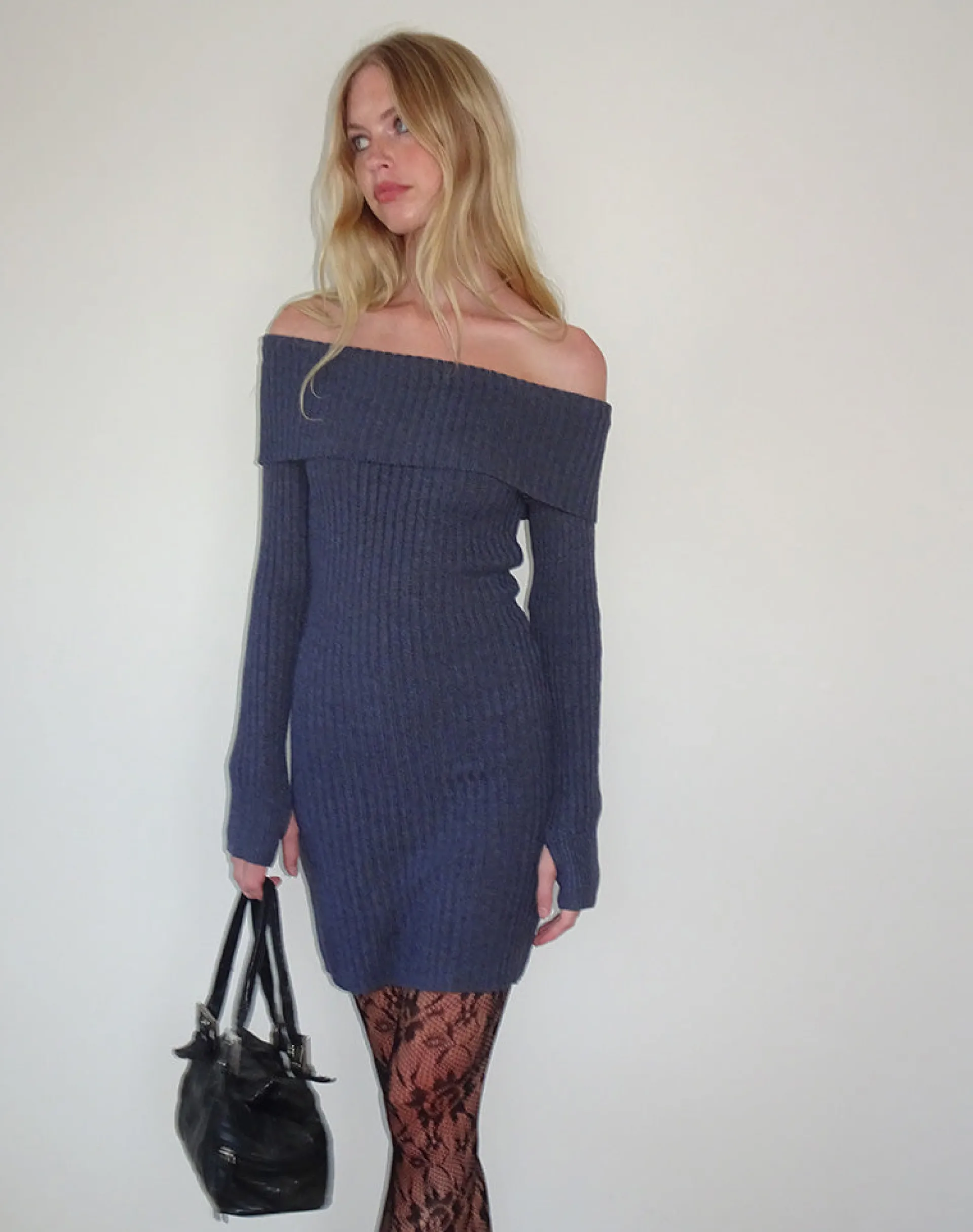 Motel Rocks Day Dresses | Long Sleeve Dresses-Queeva Knitted Bardot Mini Dress in Dark Charcoal