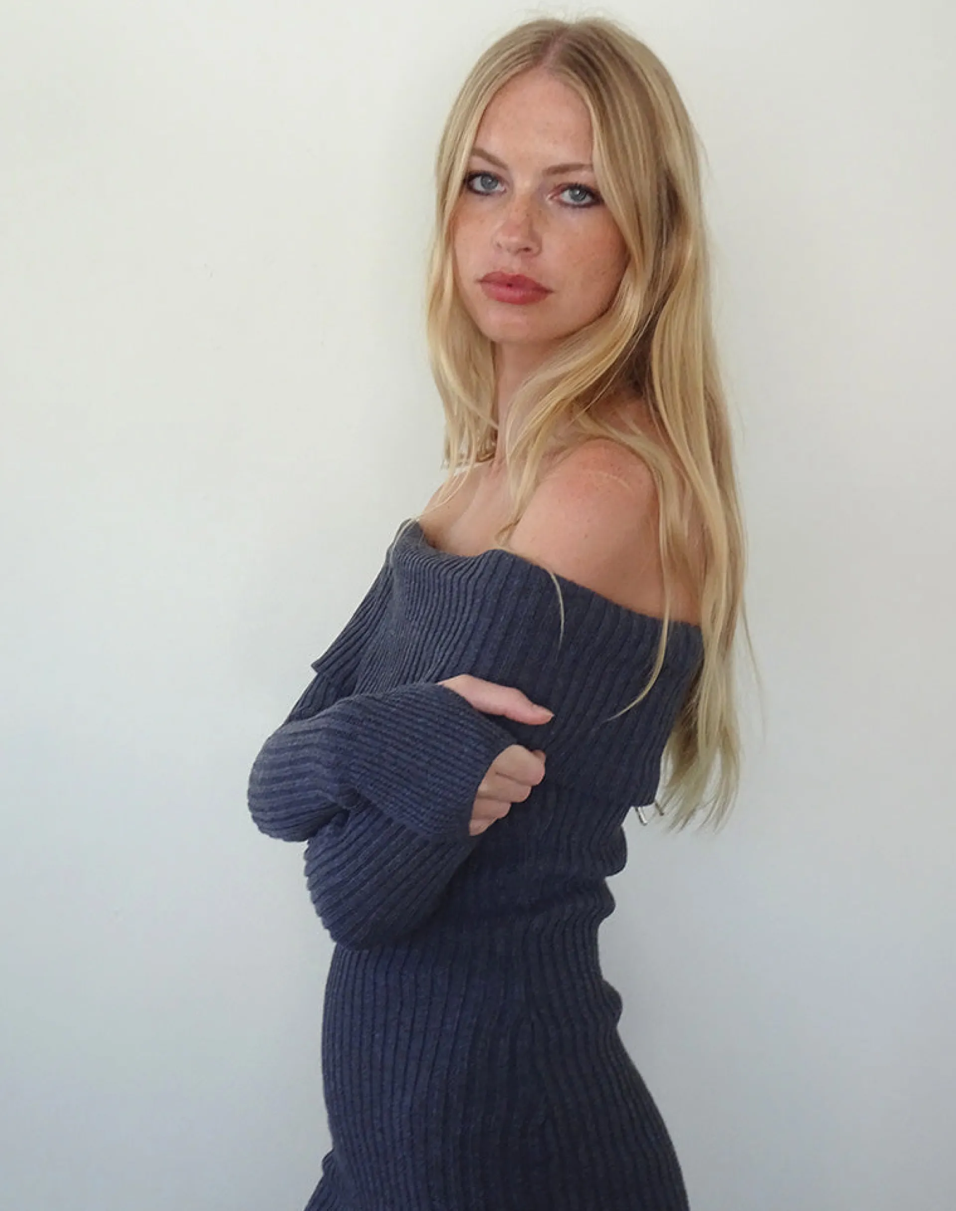 Motel Rocks Day Dresses | Long Sleeve Dresses-Queeva Knitted Bardot Mini Dress in Dark Charcoal