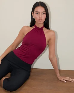 Motel Rocks Halterneck Tops | Going Out Tops-Raceline Halterneck Top in Rayon Jersey Burgundy RayonJerseyBurgundy