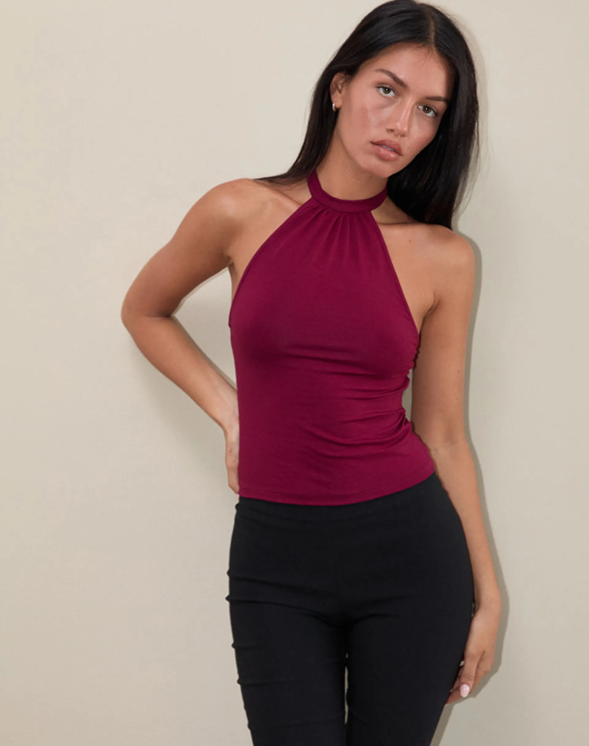 Motel Rocks Halterneck Tops | Going Out Tops-Raceline Halterneck Top in Rayon Jersey Burgundy RayonJerseyBurgundy