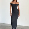 Motel Rocks Day Dresses | Bodycon Dresses-Racha Thick Rib Bardot Maxi Dress in Black Forest