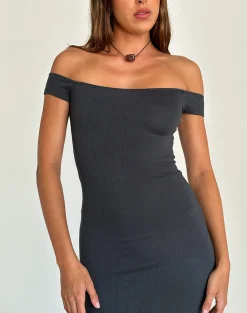 Motel Rocks Day Dresses | Bodycon Dresses-Racha Thick Rib Bardot Maxi Dress in Black Forest