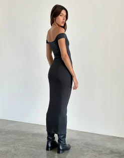Motel Rocks Day Dresses | Bodycon Dresses-Racha Thick Rib Bardot Maxi Dress in Black Forest
