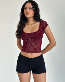 Motel Rocks Printed Tops | Going Out Tops-Rada Top in Botanical Flocked Maroon BotanicalFlockedMaroon
