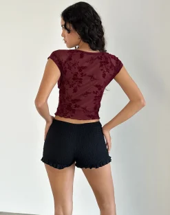 Motel Rocks Printed Tops | Going Out Tops-Rada Top in Botanical Flocked Maroon BotanicalFlockedMaroon