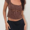 Motel Rocks Printed Tops-Rada Top in Flocked Chocolate Brown Leopard FlockedChocolateBrownLeopard