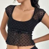 Motel Rocks Printed Tops | Going Out Tops-Rada Top in Flocked Mesh Basic Polka Black FlockedMeshBasicPolkaBlack